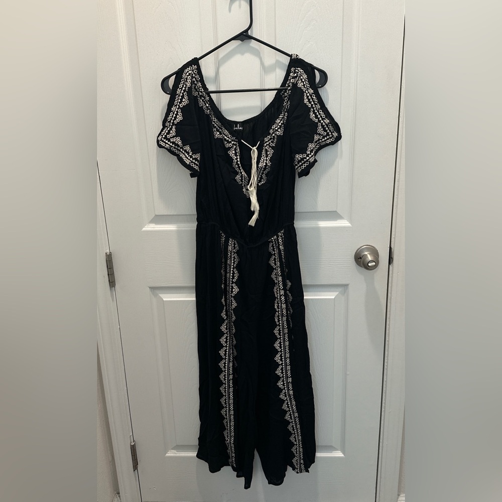 Lulus Black Jumpsuit with Off White Embroidery and Tassel